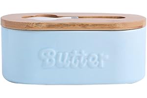 Rummyluck 650ML 22.20oz Beurrier, Récipient à Beurre en Porcelaine avec Couvercle & Couteau en Bois de Bambou, Joint en Silicone Amovible, Bleu