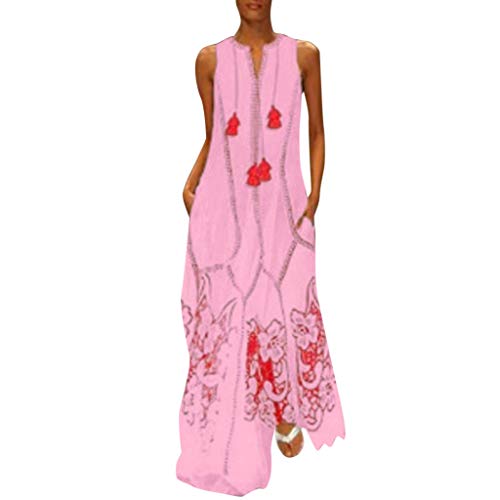 MORETIME Robe Longue Boheme,Nouveau Style d'été sans Manches Col en V Robe d'été à Fleurs Imprimée Vintage en Coton Mélangé Décontracté Quotidien pour Femmes Frontière de La Mode Jupe Ample