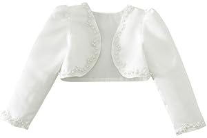 TiaoBug Boléro Enfant Fille Gilet à Manche Longue Satin Dentelle Veste à Perles Châle Soirée Demoiselle d'honneur Cape Manteau pour Robe Mariage Cérémonie 2-10 Ans