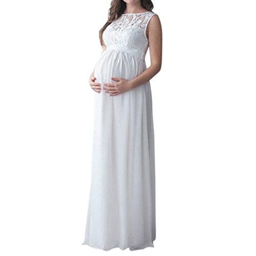 QinMM Vestido Premamá, Largo de Encaje de Mujer Embarazada, de Maternidad Apoyos de fotografía Ropa Larga Maternidad y de Lactancia (Blanco, 2XL)