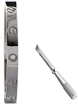 Fergel Stainless Steel Screw Head Design Oval Bracelet Bangle with Diamonds Screwdriver (Silver with diamonds size in 20)