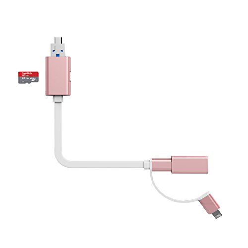 JULYFOXMultifunctional USB Cable USB3.0 Lighting Micro USB 3 In 1 Flat USB Charging Data Transfer Cable Micro SD/SDHC/TF 128GB Memory Card Reader(Rose Golden)