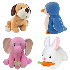 Future shop Pack of 4 Elegant Soft Toys Combo Set Appu Elephant (25 cm), Penguin(20 cm), White Rabbit(28 cm), Setting Dog Mini (25cm) for Kids