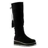  Angkorly - Damen Schuhe Stiefel - Reitstiefel - Kavalier - Biker - Plateauschuhe - Strass - Spitze - Fransen Keilabsatz 4.5 cm - Schwarz TH15-5 T 38