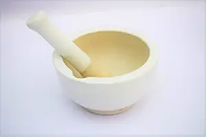 Pooja Creation Ceramic and Porcelain Set of Mortar and Pestle (5 Inch, Milky White)