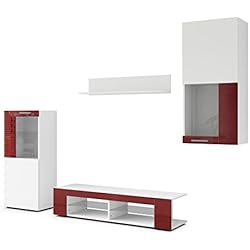 Vladon Combinaison Murale Movie, Corps en Blanc Mat/Façades en Blanc Mat avec Une Bordure en Bordeaux Haute Brillance