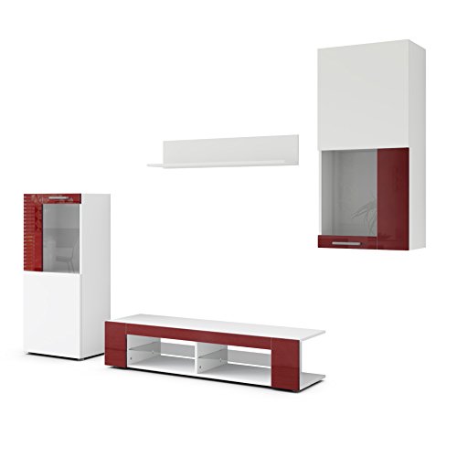 Vladon Combinaison Murale Movie, Corps en Blanc Mat/Façades en Blanc Mat avec Une Bordure en Bordeaux Haute Brillance