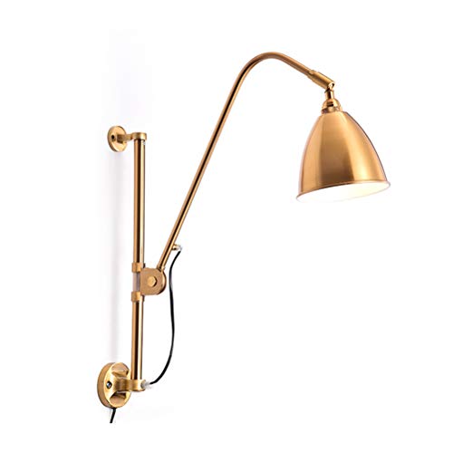 Preisvergleich Produktbild Moderne Wandleuchte mit Schalter und Stecker, Verstellbarer Fahrstuhl Flexibler Arm Leseleuchte mit 2,0 m Kabel, Schwenkbar Lange Arm Nachttischlampe Metall E14 Wohnzimmer Wandlampe,Gold