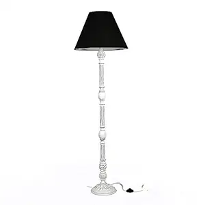 Craftter Black Fabric Shade Antique White Carving Wooden Base Floor lamp Decorative Night Standing Lamp