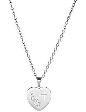 Gravado Mädchen Kette mit Anhänger aus Edelstahl – Herz Anhänger mit Gravur zur Taufe – Kreuz – Personalisiert...