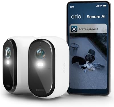 Arlo Essential 3 Telecamera WiFi Esterno Senza Fili, HD, Telecamera WiFi Interno, Sirena Allarme Casa, Sensore Di Movimento, Visione Notturna A Colori, Prova Inclusa Secure, 2 Telecamere, Bianche