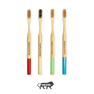 Bigbluemarble - Round Handle Bamboo Toothbrush in 4 Vibrant Colors- Eco-Friendly Charcoal Bristle (Pack of 4)
