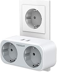 TESSAN Doppelstecker mit USB, 4 in 1 Steckdosenadapter, 2 Steckdosen mit 2 USB Anschluss, Steckdose mit USB La