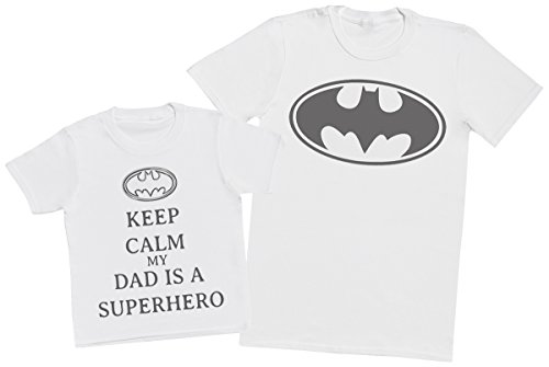 Zarlivia Clothing Keep Calm My Dads A Super Hero - Completo papà & bimbini Abbinato, Composto da Un T-Shirt Bambini Cotone e Una T-Shirt Uomo Cotone - Bianco - Medium & 3-4 Anni