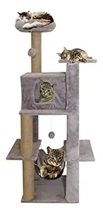 Mellifluous Fur Condo Activity Cat Tree - Natural Sisal Rope, Detachable, Multilevel, Hanging Hammock and Balls, Scratching Post for Cats and Kittens (Grey)