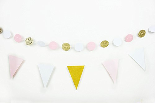 7er Set Gold Rosa Weiß Papier Dekoration Serie PomPom Lampion Glitter Girlande Wimpel Hochzeitsdekoration Zeremonie Deko von SUNBEAUTY - 4