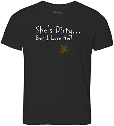 Dirty Girl T-Shirt Shes Dirty But I Love Her with Fake Mud Stain. Cool Gift for Mountain Bikers MTB Tshirt Top. Performance Fabric Wicks Moisture. Fast Dry Easy Care.