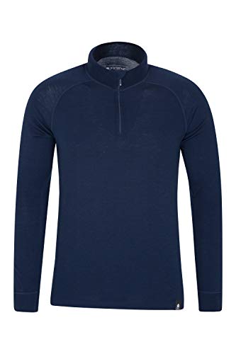 Mountain Warehouse Camiseta térmica Interior en Lana Merina con Manga Larga para Hombre - Camiseta Transpirable, Media Cremallera, Camiseta cómoda - para Acampar Azul Marino X-Large