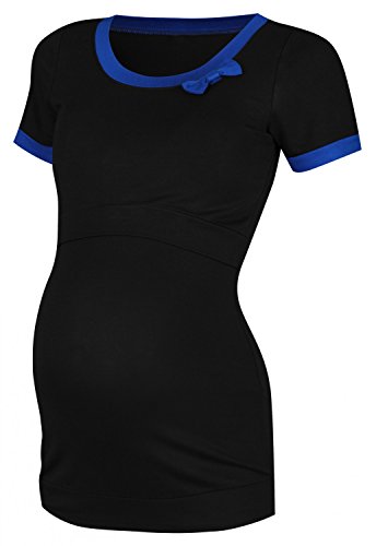 Happy Mama. Women's Maternity Nursing Double Layer T-shirt Contrast Detail. 996p (Black & Royal Blue, UK 8/10, M)