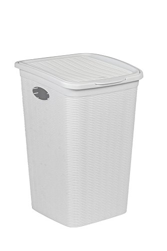 XL Wäschekorb im Rattan Design mit Klappdeckel und 50 Liter Volumen, B 37 x T 38 x H 54,5 cm, Farbe Weiß