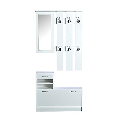 Homcom Ensemble de Meubles d'entrée Design Contemporain : Meuble Chaussures, Miroir et Panneau Porte-Manteau Panneaux de Particules Blanc