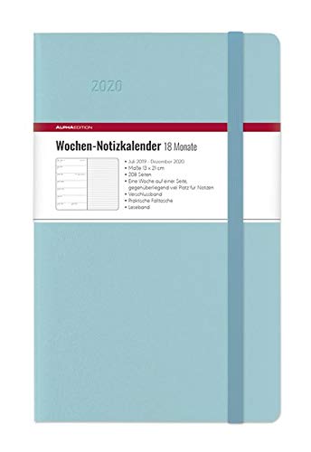 Wochen Notizkalender 18 Monate groß Azure 2020 - Taschenplaner (13 x 21) - mit Verschlussband und Falttasche - Juli 2019 bis Dez 2020 - Weekly - 128 Seiten