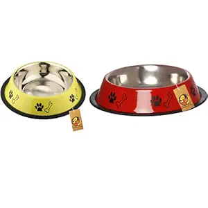 Foodie Puppies Stainless Steel Combo Offer Paw Bone Printed Radiant Red and Vibrant Yellow Food Water Feeding Bowl for Dogs & Puppies (Medium, 700ml Each)