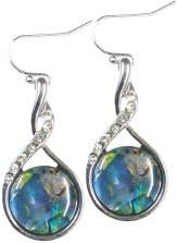 Natural Abalone Paua Shell Drop Earrings in Delicate Blue Green encrusted with crystals. Rhodium Plated. (P253)