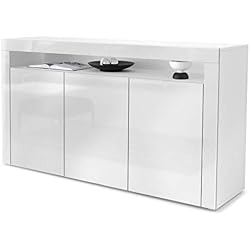 Buffet Commode Valencia, Corps en Blanc Mat/Façades en Blanc en Haute Brillance et Une Bordure en Blanc Haute Brillance