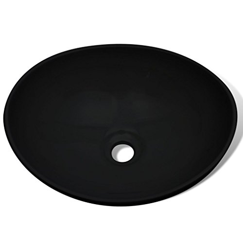 vidaXL Keramik Waschtisch Waschbecken Keramikspülen Waschplatz Bad Oval schwarz 40x33cm - 3