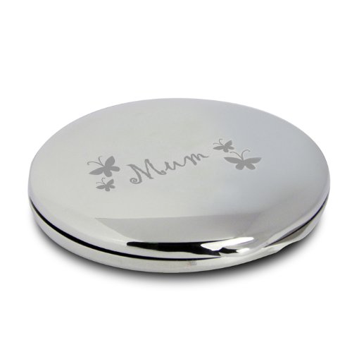 Silver Finish Engraved Mum Round Butterfly Compact Mirror Great Gifts Idea for Mummy Birthday Christmas Presents Mothers Day Gift by Pmc - Personalised Compact Mirrors