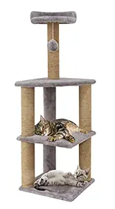 Hiputee Soft Fur Activity Cat Tree for Kittens & Cats - Scratching Post, Natural Sisal Rope, Three Floor Tower, Hanging Ball (Grey)