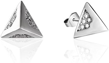 Silver-Tone 925 Sterling Silver Triangular Pyramid Pattern Cubic Zirconia Inlay Earrings Jewelry