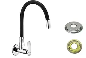 Jagger Soft Handle Brass Flexible Sink tap for Kitchen Sink, Black Flexible Kitchen tap with Silicone Swivel Spout, Chrome Finish with Teflon Tape and Wall Flange