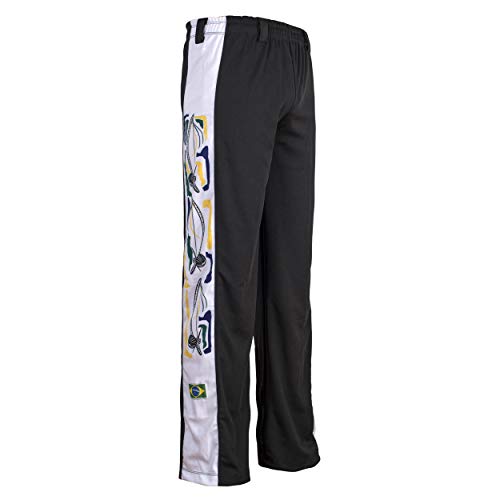 JL Sport Auténtico Brasileño Capoeira Artes Marciales Pantalones - Unisex/Niños (Negro con Berimbau Estampado Along Pierna) - Negro, 5-6 Years