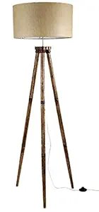 Craftter New Light Brown Matka Silk Textured Fabric Shade Wooden Tripod Floor Lamp Decorative Standing Light