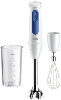 Braun MultiQuick3 MQ30.051M Minipimer, Frullatore ad Immersione Tecnologia PowerBell VPlus, Tecnologia Tedesca, 2 Velocità, Tecnologia Anti Schizzi, Bicchiere 600ml, Frusta a Filo, 900W, Bianco/Blu