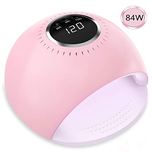 FASHSMILE Lampara LED Uñas, 84W Secador de Uñas Botón Táctil Lampara para Blanquear Incorporada con Pantalla LCD Temporizador de 30 seg, 60 seg, Modo de Calor Bajo 120 seg Secado Rápido Rosa