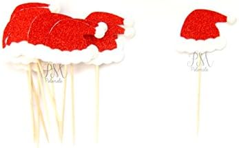 White Red Glitter Santa Hat Cupcake Toppers