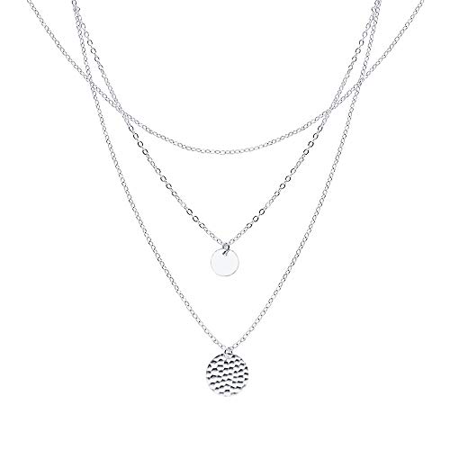 WikiMiu Collier Multirang Ras de Cou Femme avec Pendentif Rond, Bijoux Fantaisie Cadeau pour Anniversaire Noël et Fêtes, Argent
