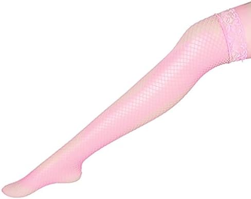 Daben200 Women Solid Lace Top Thigh High Fishnet Mesh Hole Long Stockings -Pink