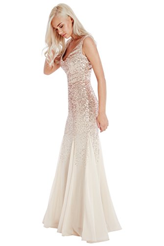 Goddiva New Long Champagne Sequin Chiffon Insert Prom Full Length