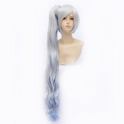 White Mix Light Blue RWBY White Trailer Weiss Schnee Cosplay Wig + Ponytail+ Wig Cap