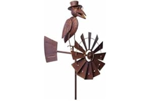 L'HÉRITIER DU TEMPS Girouette à Piquer avec Décor Corbeaux et Eolienne Tuteur Mobile à la Force du Vent Fer Marron 30x50x156cm