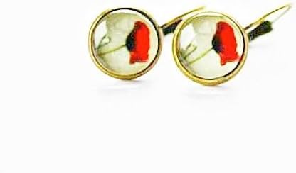 Poppy Earrings, Bronze Tone Round Glass 13mm Studs, Glass Cabochon Jewelry