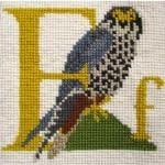 Elizabeth Bradley designs alphabet kit letter F-FALCON. 15cm design printed on 10 hpi 25cm square single hole canvas .all wools ,colour chart and instructions included to complete in crosstitch in wool