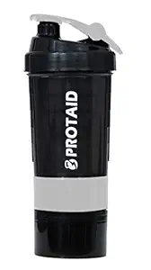 Protaid Protein Shaker Bottle with with Three Compartment for Boys & Girls Use Whey Protein Mix Cycling Water Shake Sports Mixing with 100% Leak Proof 600 ML (Color Off White)