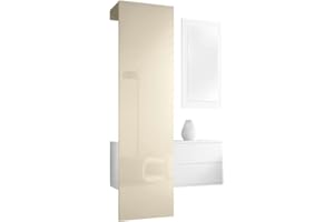 Vladon Garderobe Carlton Set 2, Made in Germany, Garderobenset bestehend aus 1 Garderobenpaneel, 1 Schubkastenschrank und 1 Wandspiegel, Weiß matt/Creme Hochglanz (105 x 193 x 35 cm)