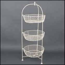 Große Etagere aus Metall mit 3 Körben für Obst & Gemüse - weiß - Shabby