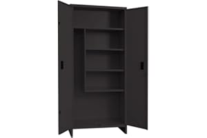 TICKOFFICE Armadio Multiuso Portascope in metallo 4 ripiani, vano porta scope- 2 ante per aziende, uffici, negozi, garage, ripostiglio (Grigio scuro martellato, 180x60x40 cm)